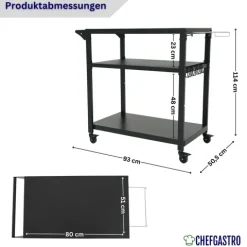 CHEFAGSTRO Grillwagen VULCAN Outdoor Servierwagen mit Rollen Küche Küchenwagen Metall Schwarz Wetterfest Grilltisch, 4 Lenkrollen mit Bremse, 3 Ablagen, 8 Haken, Müllbeutelhalter & Handtuchgriff