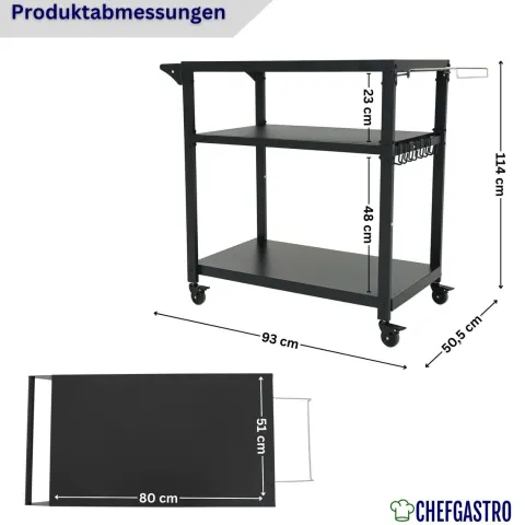 CHEFAGSTRO Grillwagen VULCAN Outdoor Servierwagen mit Rollen Küche Küchenwagen Metall Schwarz Wetterfest Grilltisch, 4 Lenkrollen mit Bremse, 3 Ablagen, 8 Haken, Müllbeutelhalter & Handtuchgriff