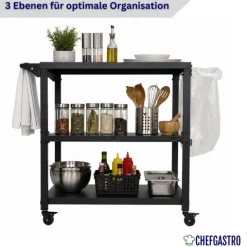 CHEFAGSTRO Grillwagen VULCAN Outdoor Servierwagen mit Rollen Küche Küchenwagen Metall Schwarz Wetterfest Grilltisch, 4 Lenkrollen mit Bremse, 3 Ablagen, 8 Haken, Müllbeutelhalter & Handtuchgriff