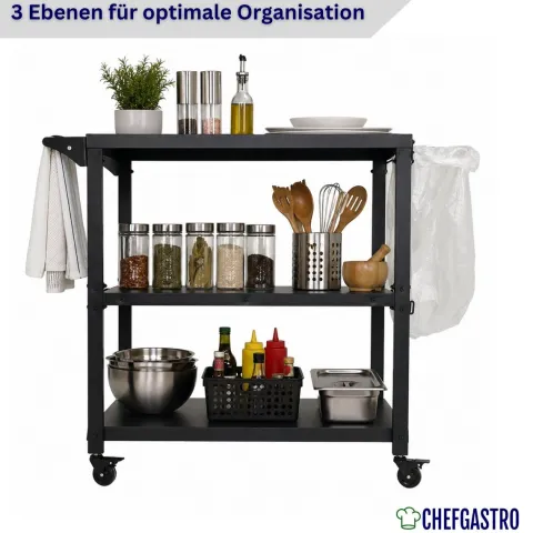 CHEFAGSTRO Grillwagen VULCAN Outdoor Servierwagen mit Rollen Küche Küchenwagen Metall Schwarz Wetterfest Grilltisch, 4 Lenkrollen mit Bremse, 3 Ablagen, 8 Haken, Müllbeutelhalter & Handtuchgriff