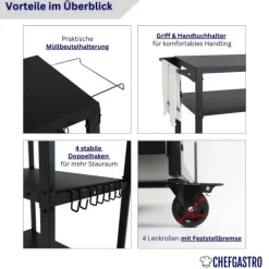 CHEFAGSTRO Grillwagen VULCAN Outdoor Servierwagen mit Rollen Küche Küchenwagen Metall Schwarz Wetterfest Grilltisch, 4 Lenkrollen mit Bremse, 3 Ablagen, 8 Haken, Müllbeutelhalter & Handtuchgriff