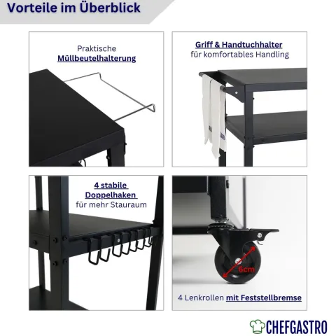 CHEFAGSTRO Grillwagen VULCAN Outdoor Servierwagen mit Rollen Küche Küchenwagen Metall Schwarz Wetterfest Grilltisch, 4 Lenkrollen mit Bremse, 3 Ablagen, 8 Haken, Müllbeutelhalter & Handtuchgriff