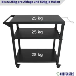 CHEFAGSTRO Grillwagen VULCAN Outdoor Servierwagen mit Rollen Küche Küchenwagen Metall Schwarz Wetterfest Grilltisch, 4 Lenkrollen mit Bremse, 3 Ablagen, 8 Haken, Müllbeutelhalter & Handtuchgriff