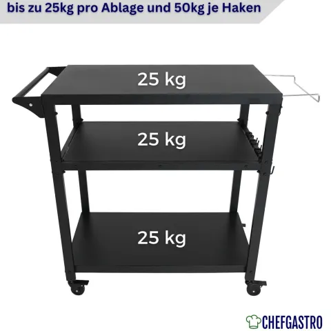 CHEFAGSTRO Grillwagen VULCAN Outdoor Servierwagen mit Rollen Küche Küchenwagen Metall Schwarz Wetterfest Grilltisch, 4 Lenkrollen mit Bremse, 3 Ablagen, 8 Haken, Müllbeutelhalter & Handtuchgriff