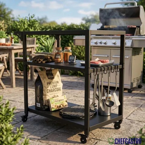 CHEFAGSTRO Grillwagen VULCAN Outdoor Servierwagen mit Rollen Küche Küchenwagen Metall Schwarz Wetterfest Grilltisch, 4 Lenkrollen mit Bremse, 3 Ablagen, 8 Haken, Müllbeutelhalter & Handtuchgriff
