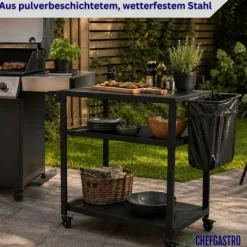 CHEFAGSTRO Grillwagen VULCAN Outdoor Servierwagen mit Rollen Küche Küchenwagen Metall Schwarz Wetterfest Grilltisch, 4 Lenkrollen mit Bremse, 3 Ablagen, 8 Haken, Müllbeutelhalter & Handtuchgriff