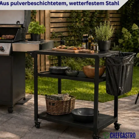 CHEFAGSTRO Grillwagen VULCAN Outdoor Servierwagen mit Rollen Küche Küchenwagen Metall Schwarz Wetterfest Grilltisch, 4 Lenkrollen mit Bremse, 3 Ablagen, 8 Haken, Müllbeutelhalter & Handtuchgriff