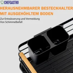 CHEFGASTRO Abtropfgestell Geschirr | HxBxT 14x42x30cm | Stahl/Holz | mit Besteckhalter & Abtropfbrett, Geschirrabtropfgestell Abtropfständer