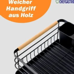 CHEFGASTRO Abtropfgestell Geschirr | HxBxT 14x42x30cm | Stahl/Holz | mit Besteckhalter & Abtropfbrett, Geschirrabtropfgestell Abtropfständer
