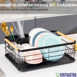 CHEFGASTRO Abtropfgestell Geschirr | HxBxT 14x42x30cm | Stahl/Holz | mit Besteckhalter & Abtropfbrett, Geschirrabtropfgestell Abtropfständer
