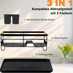 CHEFGASTRO Abtropfgestell Geschirr | HxBxT 14x42x30cm | Stahl/Holz | mit Besteckhalter & Abtropfbrett, Geschirrabtropfgestell Abtropfständer