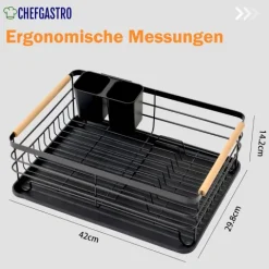 CHEFGASTRO Abtropfgestell Geschirr | HxBxT 14x42x30cm | Stahl/Holz | mit Besteckhalter & Abtropfbrett, Geschirrabtropfgestell Abtropfständer