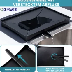 CHEFGASTRO Abtropfgestell Geschirr | HxBxT 15x42x31cm | Stahl | mit Besteckhalter, Tassenhalter, drehbarem Wasserablauf, Abtropfbrett & Trockenmatte, Geschirrabtropfgestell Abtropfständer
