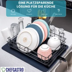 CHEFGASTRO Abtropfgestell Geschirr | HxBxT 15x42x31cm | Stahl | mit Besteckhalter, Tassenhalter, drehbarem Wasserablauf, Abtropfbrett & Trockenmatte, Geschirrabtropfgestell Abtropfständer