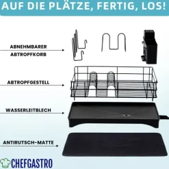 CHEFGASTRO Abtropfgestell Geschirr | HxBxT 15x42x31cm | Stahl | mit Besteckhalter, Tassenhalter, drehbarem Wasserablauf, Abtropfbrett & Trockenmatte, Geschirrabtropfgestell Abtropfständer
