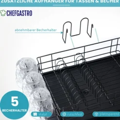 CHEFGASTRO Abtropfgestell Geschirr | HxBxT 15x42x31cm | Stahl | mit Besteckhalter, Tassenhalter, drehbarem Wasserablauf, Abtropfbrett & Trockenmatte, Geschirrabtropfgestell Abtropfständer
