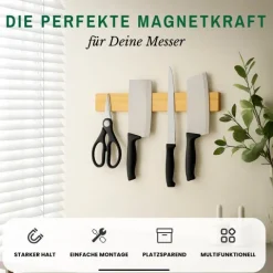CHEFGASTRO Magnetleiste magnetische Messerleiste Messerhalter aus Bambus | HxBxT 6,2x40x2,1cm | Inkl. 3 silberne Haken | Bambus | extra stark magnetischer Messerstreifen zum Kleben oder Schrauben