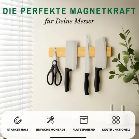 CHEFGASTRO Magnetleiste magnetische Messerleiste Messerhalter aus Bambus | HxBxT 6,2x40x2,1cm | Inkl. 3 silberne Haken | Bambus | extra stark magnetischer Messerstreifen zum Kleben oder Schrauben