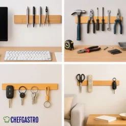 CHEFGASTRO Magnetleiste magnetische Messerleiste Messerhalter aus Bambus | HxBxT 6,2x40x2,1cm | Inkl. 3 silberne Haken | Bambus | extra stark magnetischer Messerstreifen zum Kleben oder Schrauben