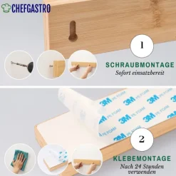 CHEFGASTRO Magnetleiste magnetische Messerleiste Messerhalter aus Bambus | HxBxT 6,2x40x2,1cm | Inkl. 3 silberne Haken | Bambus | extra stark magnetischer Messerstreifen zum Kleben oder Schrauben