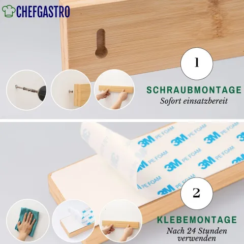 CHEFGASTRO Magnetleiste magnetische Messerleiste Messerhalter aus Bambus | HxBxT 6,2x40x2,1cm | Inkl. 3 silberne Haken | Bambus | extra stark magnetischer Messerstreifen zum Kleben oder Schrauben