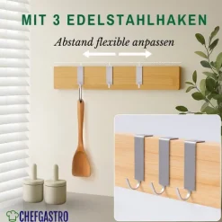 CHEFGASTRO Magnetleiste magnetische Messerleiste Messerhalter aus Bambus | HxBxT 6,2x40x2,1cm | Inkl. 3 silberne Haken | Bambus | extra stark magnetischer Messerstreifen zum Kleben oder Schrauben