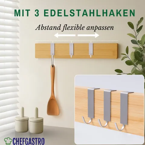 CHEFGASTRO Magnetleiste magnetische Messerleiste Messerhalter aus Bambus | HxBxT 6,2x40x2,1cm | Inkl. 3 silberne Haken | Bambus | extra stark magnetischer Messerstreifen zum Kleben oder Schrauben