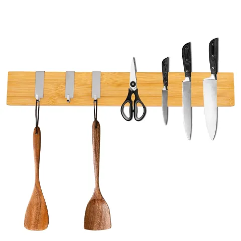 CHEFGASTRO Magnetleiste magnetische Messerleiste Messerhalter aus Bambus | HxBxT 6,2x40x2,1cm | Inkl. 3 silberne Haken | Bambus | extra stark magnetischer Messerstreifen zum Kleben oder Schrauben