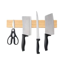 CHEFGASTRO Magnetleiste magnetische Messerleiste Messerhalter aus Bambus | HxBxT 6,2x40x2,1cm | Inkl. 3 silberne Haken | Bambus | extra stark magnetischer Messerstreifen zum Kleben oder Schrauben