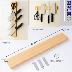 CHEFGASTRO Magnetleiste magnetische Messerleiste Messerhalter aus Bambus | HxBxT 6,2x40x2,1cm | Inkl. 3 silberne Haken | Bambus | extra stark magnetischer Messerstreifen zum Kleben oder Schrauben