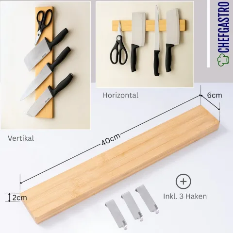 CHEFGASTRO Magnetleiste magnetische Messerleiste Messerhalter aus Bambus | HxBxT 6,2x40x2,1cm | Inkl. 3 silberne Haken | Bambus | extra stark magnetischer Messerstreifen zum Kleben oder Schrauben