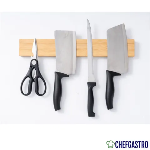 CHEFGASTRO Magnetleiste magnetische Messerleiste Messerhalter aus Bambus | HxBxT 6,2x40x2,1cm | Inkl. 3 silberne Haken | Bambus | extra stark magnetischer Messerstreifen zum Kleben oder Schrauben