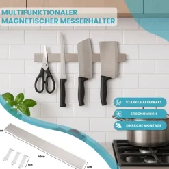 CHEFGASTRO Magnetleiste magnetische Messerleiste Messerhalter aus Stahl | HxBxT 4x40x1,6cm | Inkl. 3 silberne Haken | Silber | extra stark magnetischer Messerstreifen zum Kleben oder Schrauben
