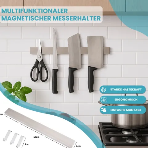 CHEFGASTRO Magnetleiste magnetische Messerleiste Messerhalter aus Stahl | HxBxT 4x40x1,6cm | Inkl. 3 silberne Haken | Silber | extra stark magnetischer Messerstreifen zum Kleben oder Schrauben