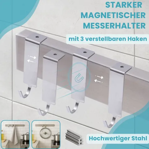 CHEFGASTRO Magnetleiste magnetische Messerleiste Messerhalter aus Stahl | HxBxT 4x40x1,6cm | Inkl. 3 silberne Haken | Silber | extra stark magnetischer Messerstreifen zum Kleben oder Schrauben