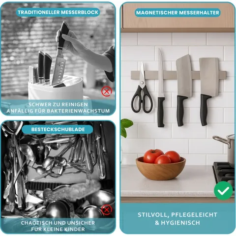 CHEFGASTRO Magnetleiste magnetische Messerleiste Messerhalter aus Stahl | HxBxT 4x40x1,6cm | Inkl. 3 silberne Haken | Silber | extra stark magnetischer Messerstreifen zum Kleben oder Schrauben