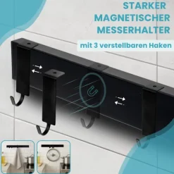 CHEFGASTRO Magnetleiste magnetische Messerleiste Messerhalter aus Metall | HxBxT 4x40x1,5cm | Inkl. 3 schwarze Haken | Schwarz | extra stark magnetischer Messerstreifen zum Kleben oder Schrauben