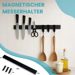 CHEFGASTRO Magnetleiste magnetische Messerleiste Messerhalter aus Metall | HxBxT 4x40x1,5cm | Inkl. 3 schwarze Haken | Schwarz | extra stark magnetischer Messerstreifen zum Kleben oder Schrauben