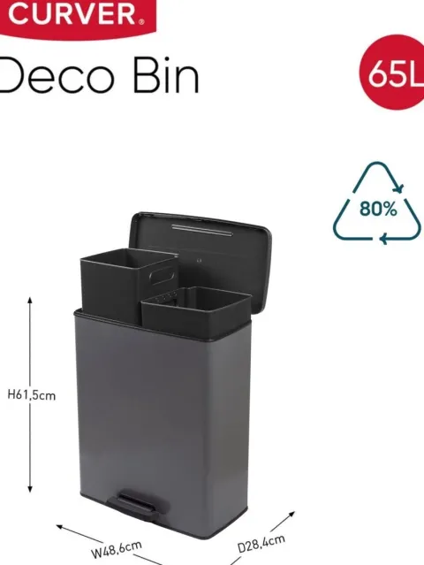 Curver Deco Bin Duo Mülleimer - 26L+ 26L - mit Pedal, cool grey