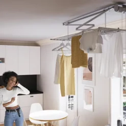 Decken-Wäscheständer Foxydry Mini 128 cm aus Aluminium – seilzugbetrieben, platzsparend, Trockenlänge 9.6 m