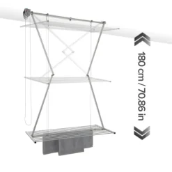 Decken-Wäscheständer Foxydry Mini 128 cm aus Aluminium – seilzugbetrieben, platzsparend, Trockenlänge 9.6 m