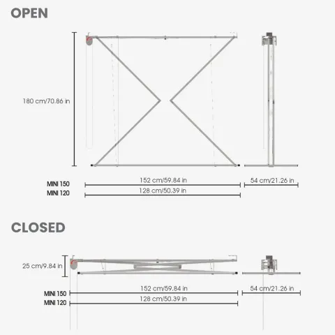 Decken-Wäscheständer Foxydry Mini 152 cm aus Aluminium – seilzugbetrieben, platzsparend, Trockenlänge 11.5 m