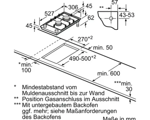 Domino Gaskochfeld Bosch 36 x 52,7 cm 2 Gasbrenner Glaskeramik-Oberfläche schwarz PRB3A6I40