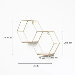Doppeltes sechseckiges Wandregal aus Metall mit 2 Holzböden – 30,5 x 41 cm – Gold