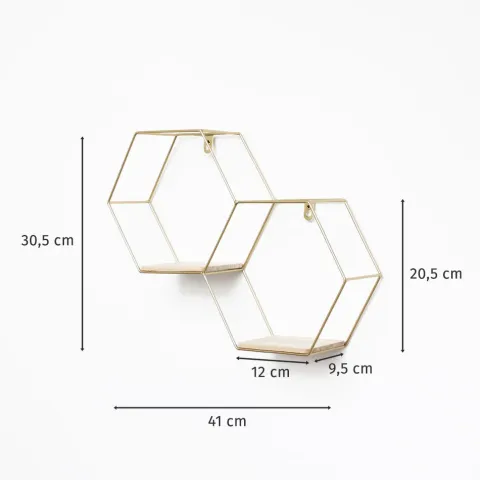 Doppeltes sechseckiges Wandregal aus Metall mit 2 Holzböden – 30,5 x 41 cm – Gold