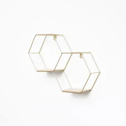 Doppeltes sechseckiges Wandregal aus Metall mit 2 Holzböden – 30,5 x 41 cm – Gold