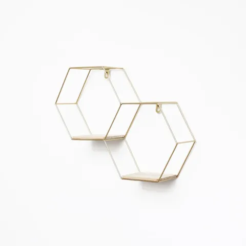 Doppeltes sechseckiges Wandregal aus Metall mit 2 Holzböden – 30,5 x 41 cm – Gold