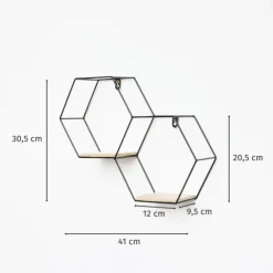 Doppeltes sechseckiges Wandregal aus Metall mit 2 Holzböden – 30,5 x 41 cm – Schwarz