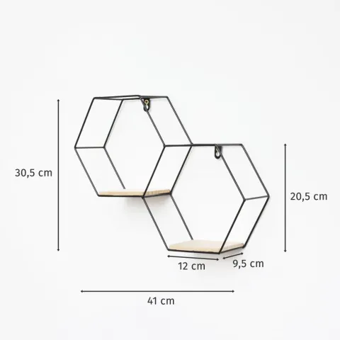 Doppeltes sechseckiges Wandregal aus Metall mit 2 Holzböden – 30,5 x 41 cm – Schwarz