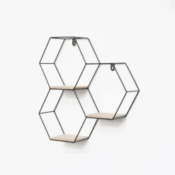 Dreifaches sechseckiges Wandregal aus Metall mit 3 Holzböden – 40,5 x 41 cm – Schwarz